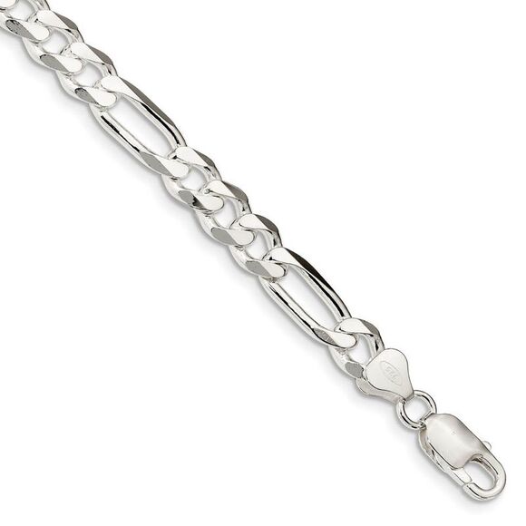 7.75mm Rhodium Plated Sterling Silver Solid Figaro Chain Bracelet 8 In